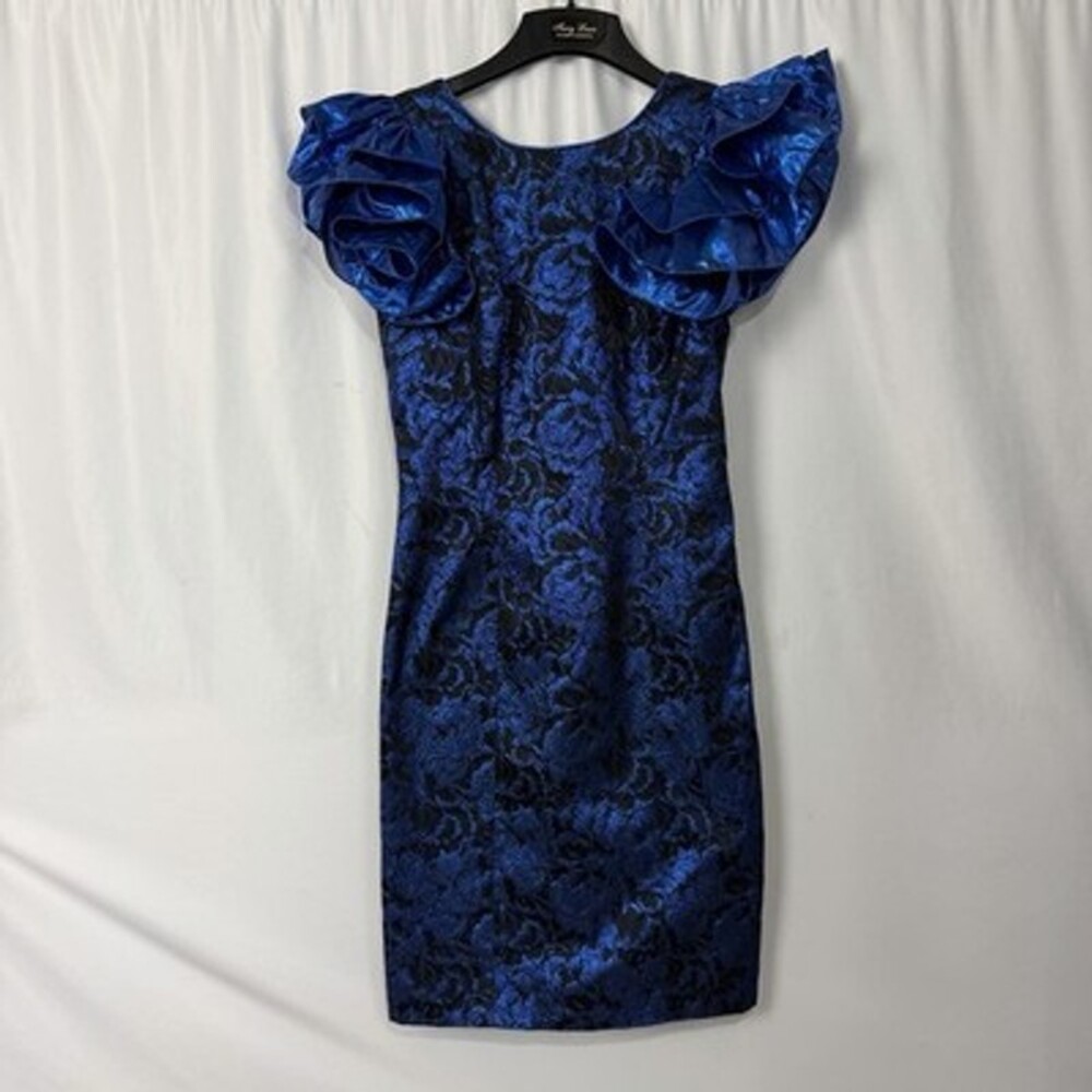 VTG Loralie Dress Sz 12 Royal Blue Metallic Brocade Ruffle Sleeve 80s Party Prom